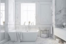 Elegant white bathroom interior with marble white countertop with copy space and bathroom appliances product